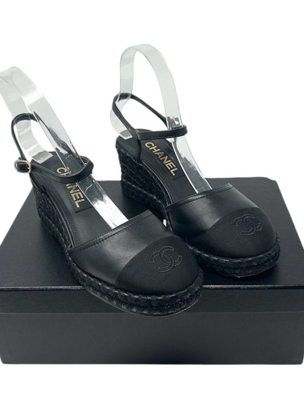 Authentic CHANEL Black Leather and Fabric Wedge Espadrille Slingbacks
